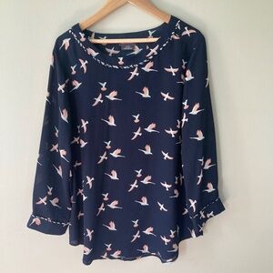 Van Heusen Womens sheer Birds in flight blouse Size Small Navy